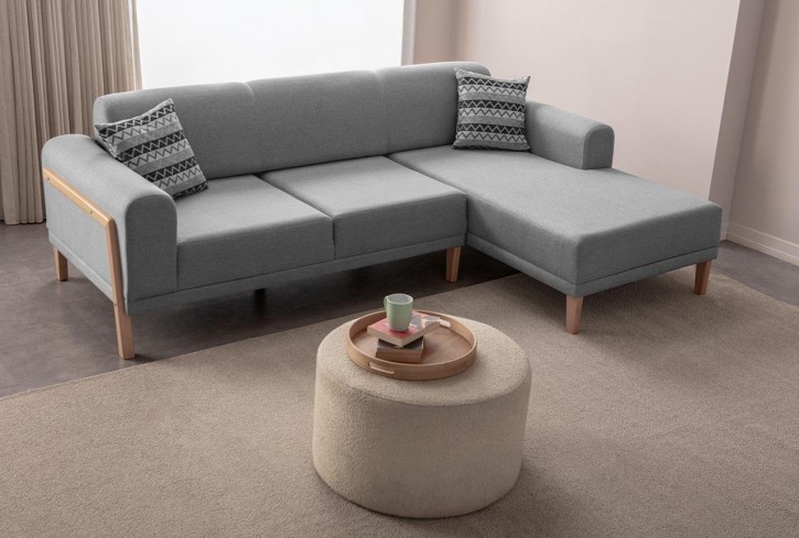 Ecksofa Latte Hainbuche Leinenstoff-Bezug Grau