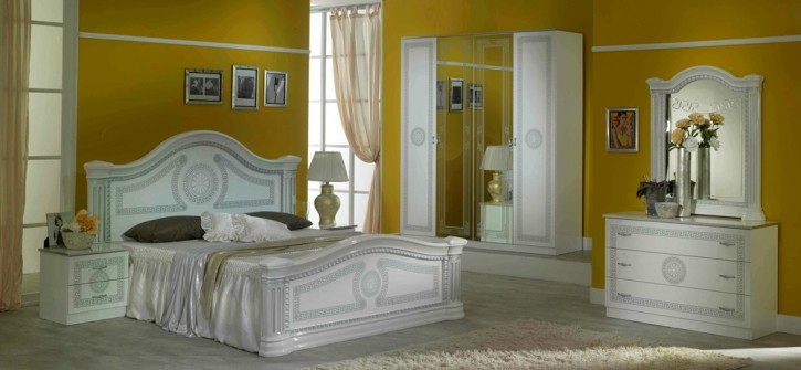 Schlafzimmer New Serena in weiss silber mit 7-Zonen Matratze Höhe 20 cm / mit Schrank 4 türig / 160x200 cm