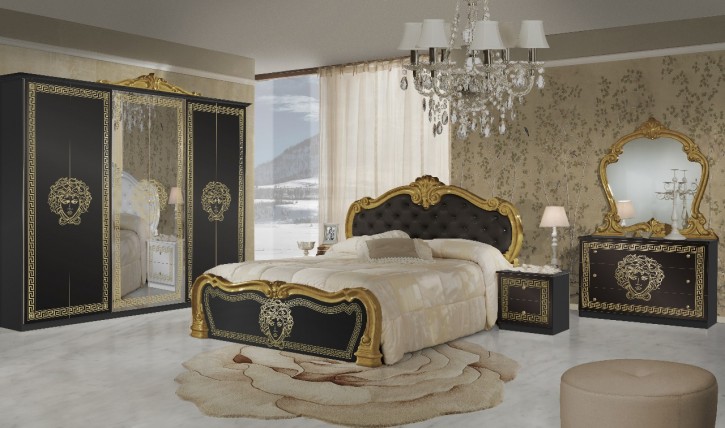 Schlafzimmer Vilma Medusa 6 Teilig in Schwarz Gold Barock mit Polsterung