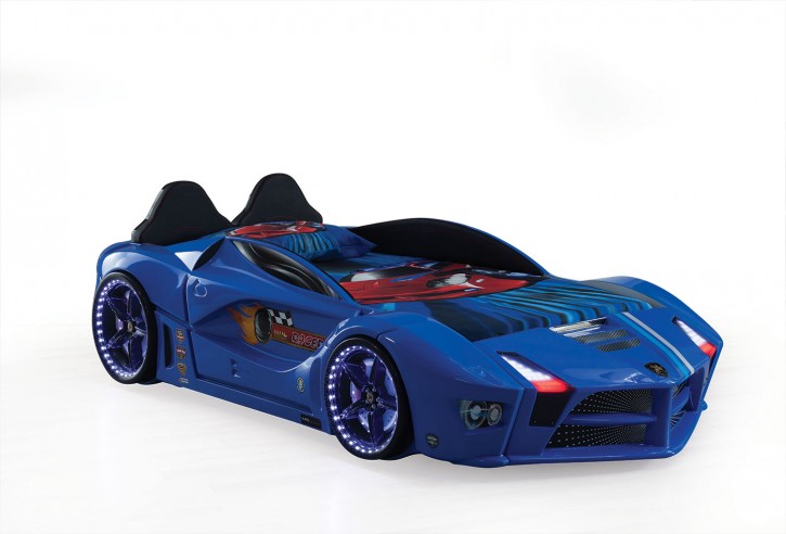 Autobett Luxury Vollversion in Blau mit LED und Polsterung