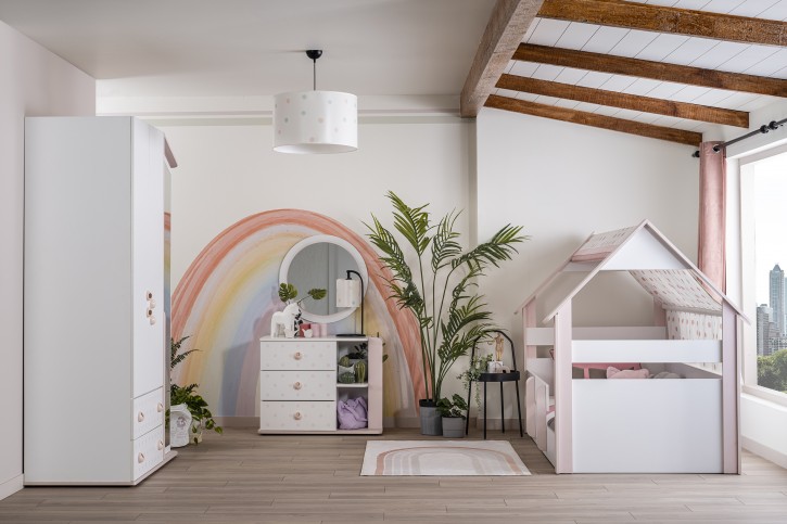 Kinderzimmer Montessori Rose Hausbett Sofabett weiss rosa