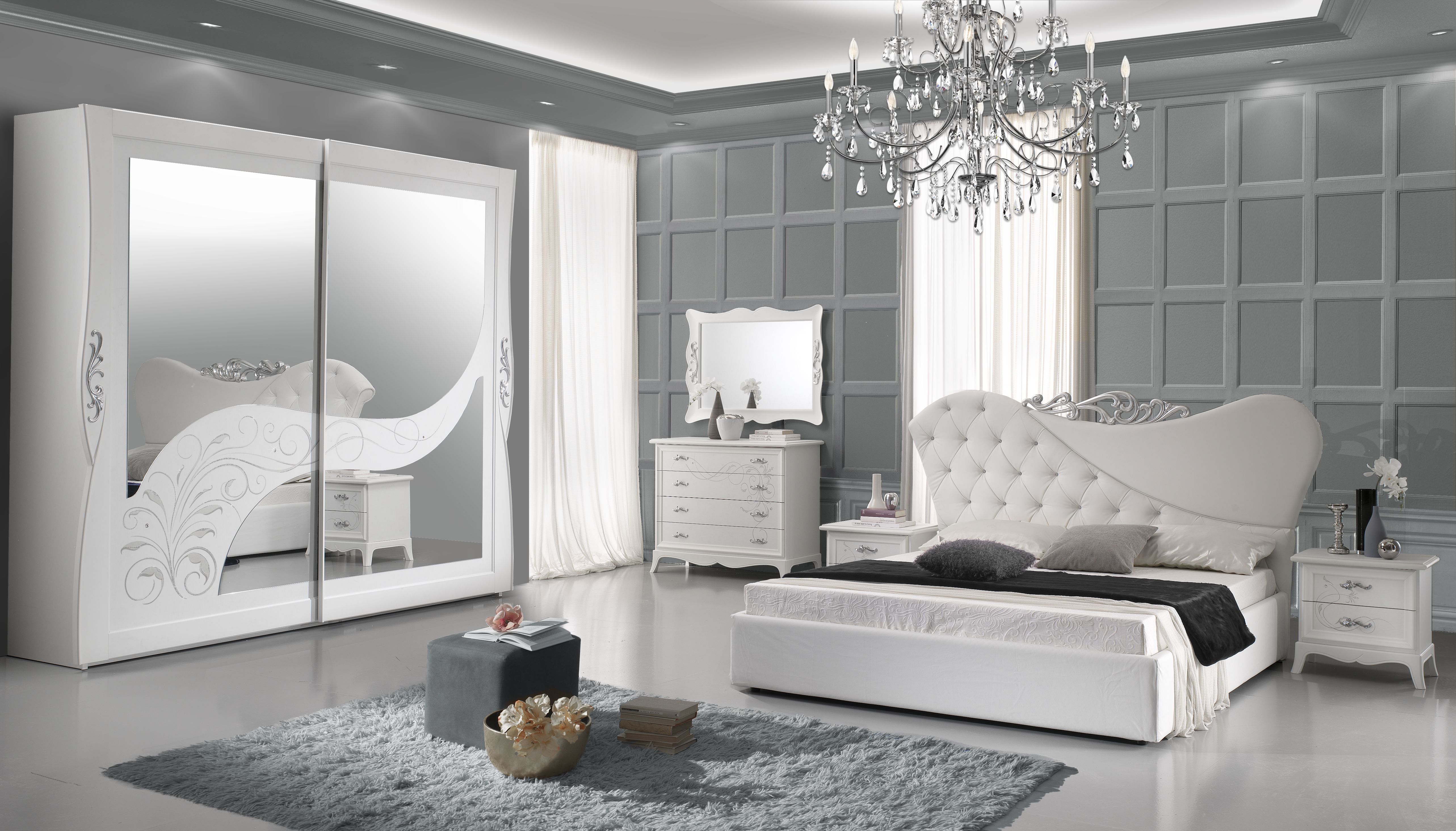 Schlafzimmer Gisell in weiss Edel Luxus Schlafzimmer 11x11 cm / mit  Kommode und Spiegel / ohne Lattenrost